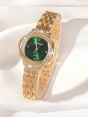 Elegant Green Crystal Accent Gold-Tone Women’s Bracelet Watch
